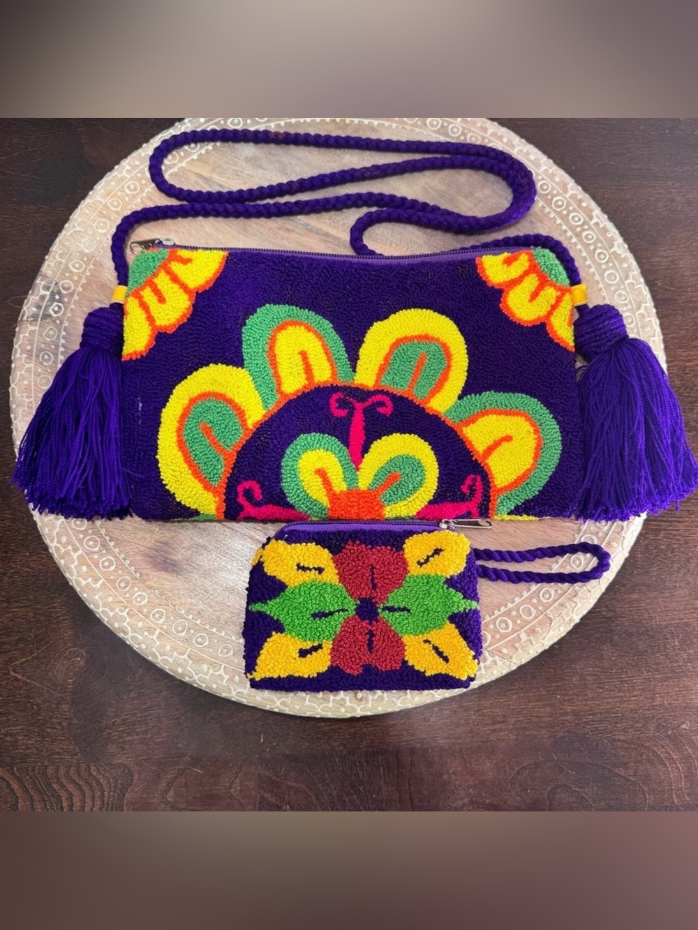 Colombian Wayuu Purple Butterfly Flowers Handmade Purse Bag & Coin Purse Artisan